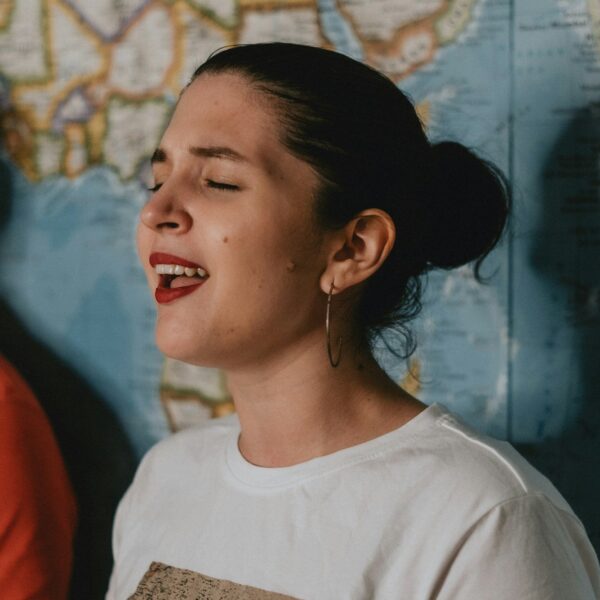 woman in white crew neck shirt